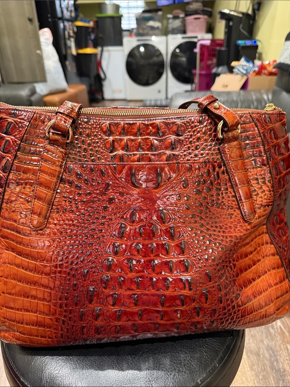 Brahmin Croc-Embossed Leather Shoulder Bag - Burnt Red-Orange, missing hook.
